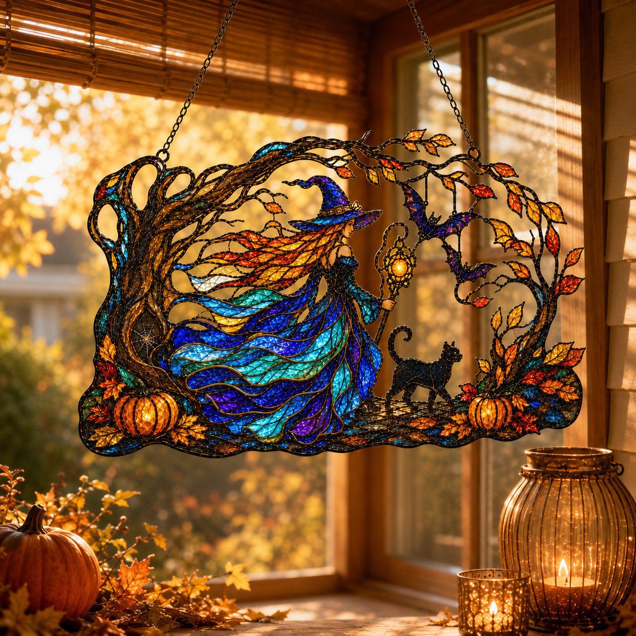 Autumn Woods Witch & Black Cat Holographic Acrylic Suncatcher
