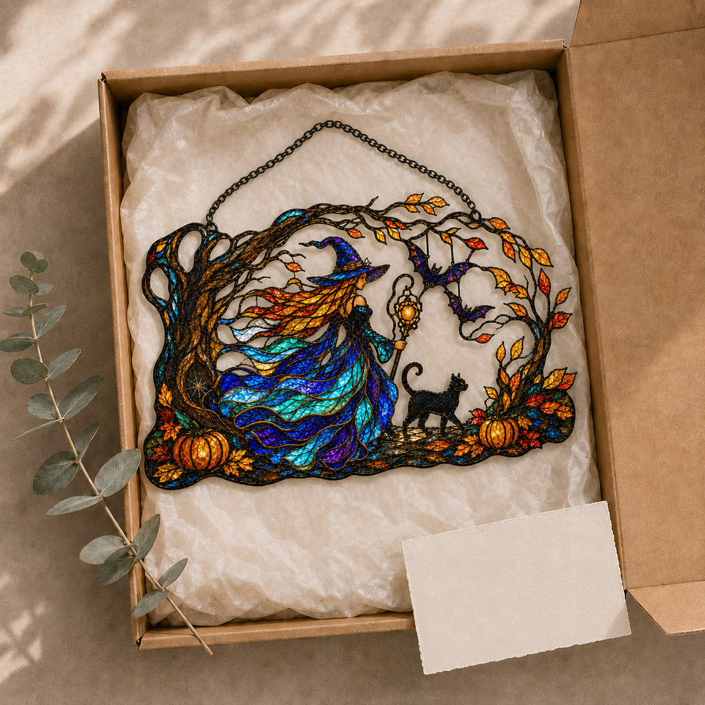 Autumn Woods Witch & Black Cat Holographic Acrylic Suncatcher