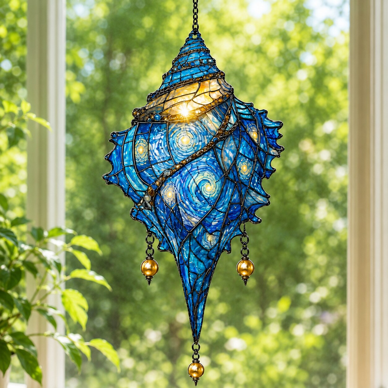 Starry Night Conch Shell with Pearl Drops Holographic Acrylic Suncatcher