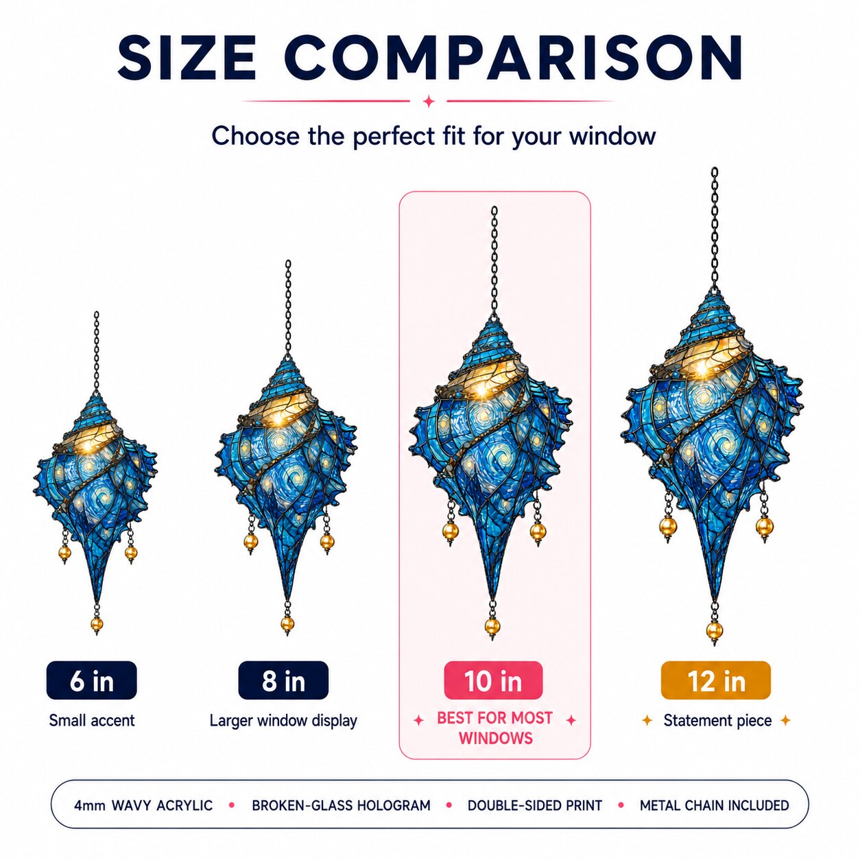 Starry Night Conch Shell suncatcher size comparison 6 in 8 in 10 in 12 in