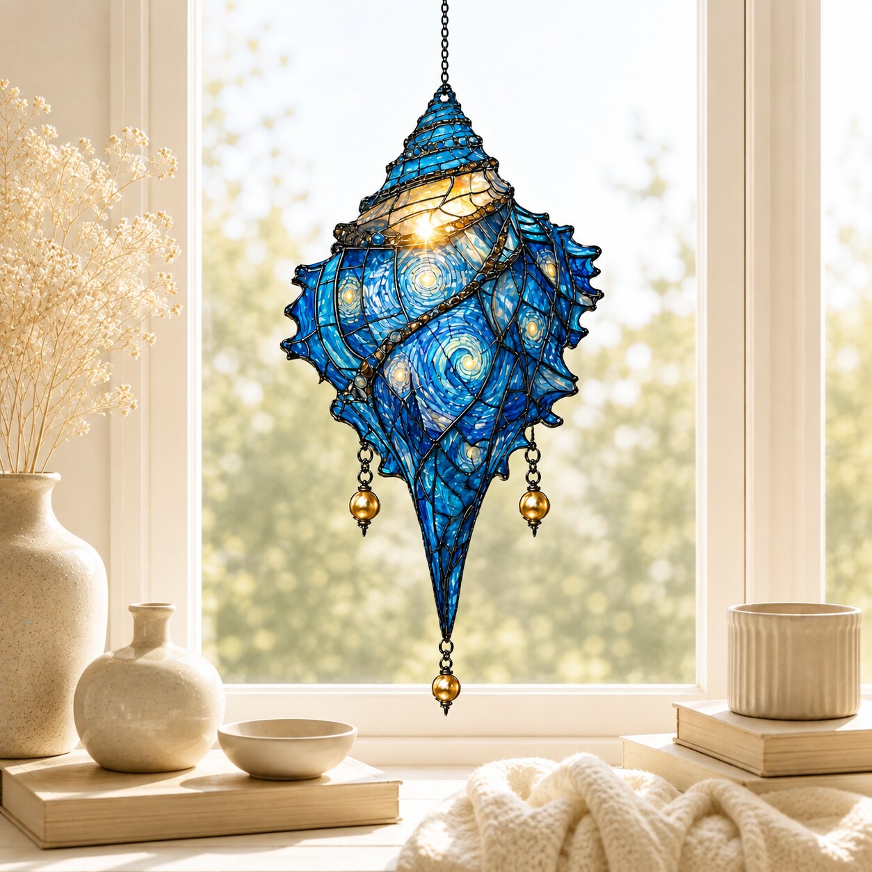Starry Night Conch Shell with Pearl Drops Holographic Acrylic Suncatcher