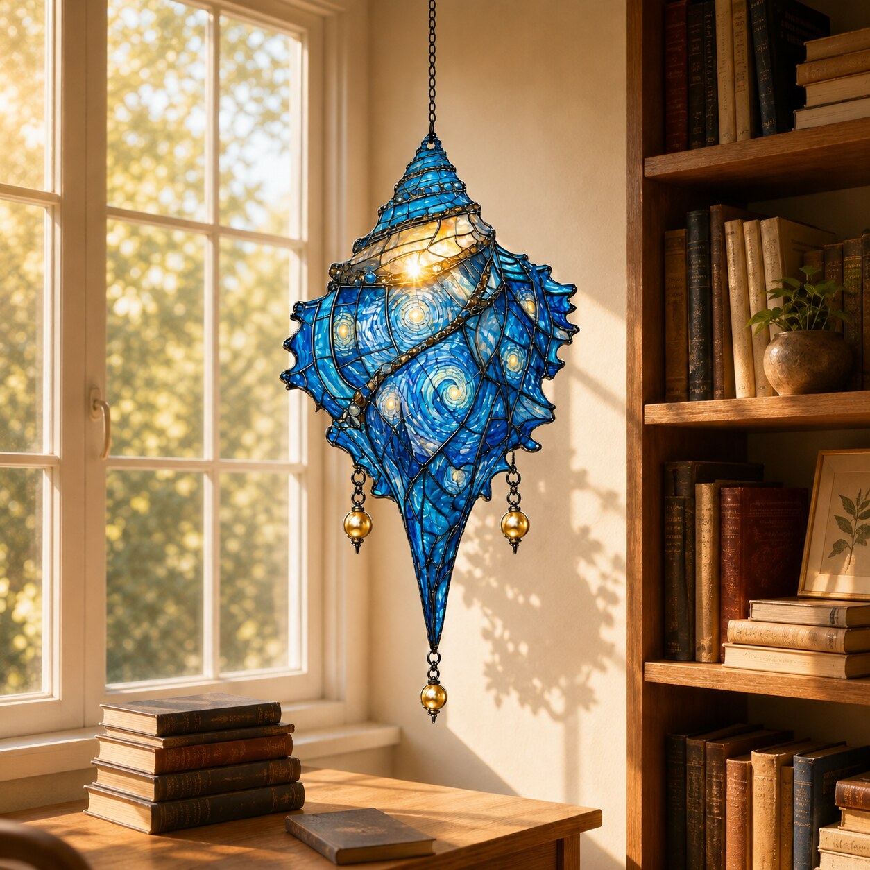 Starry Night Conch Shell with Pearl Drops Holographic Acrylic Suncatcher