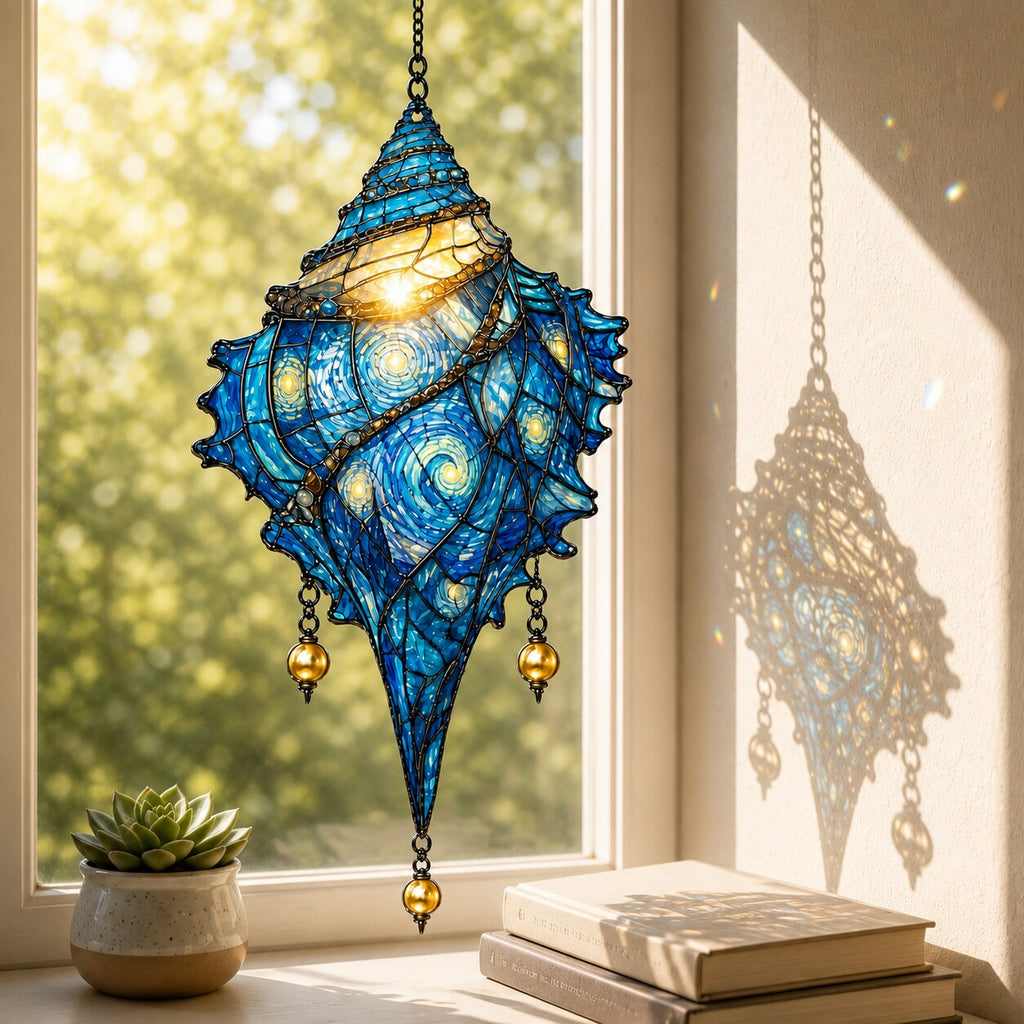Starry Night Conch Shell with Pearl Drops Holographic Acrylic Suncatcher