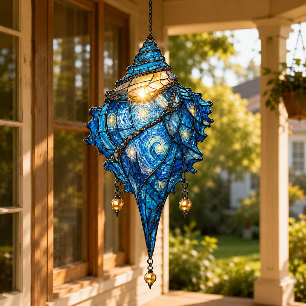 Starry Night Conch Shell with Pearl Drops Holographic Acrylic Suncatcher