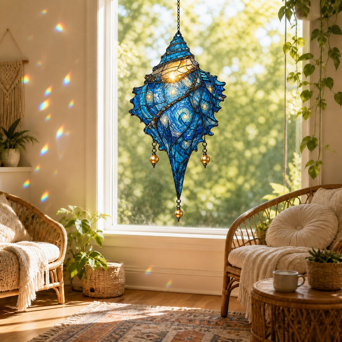 Starry Night Conch Shell with Pearl Drops Holographic Acrylic Suncatcher