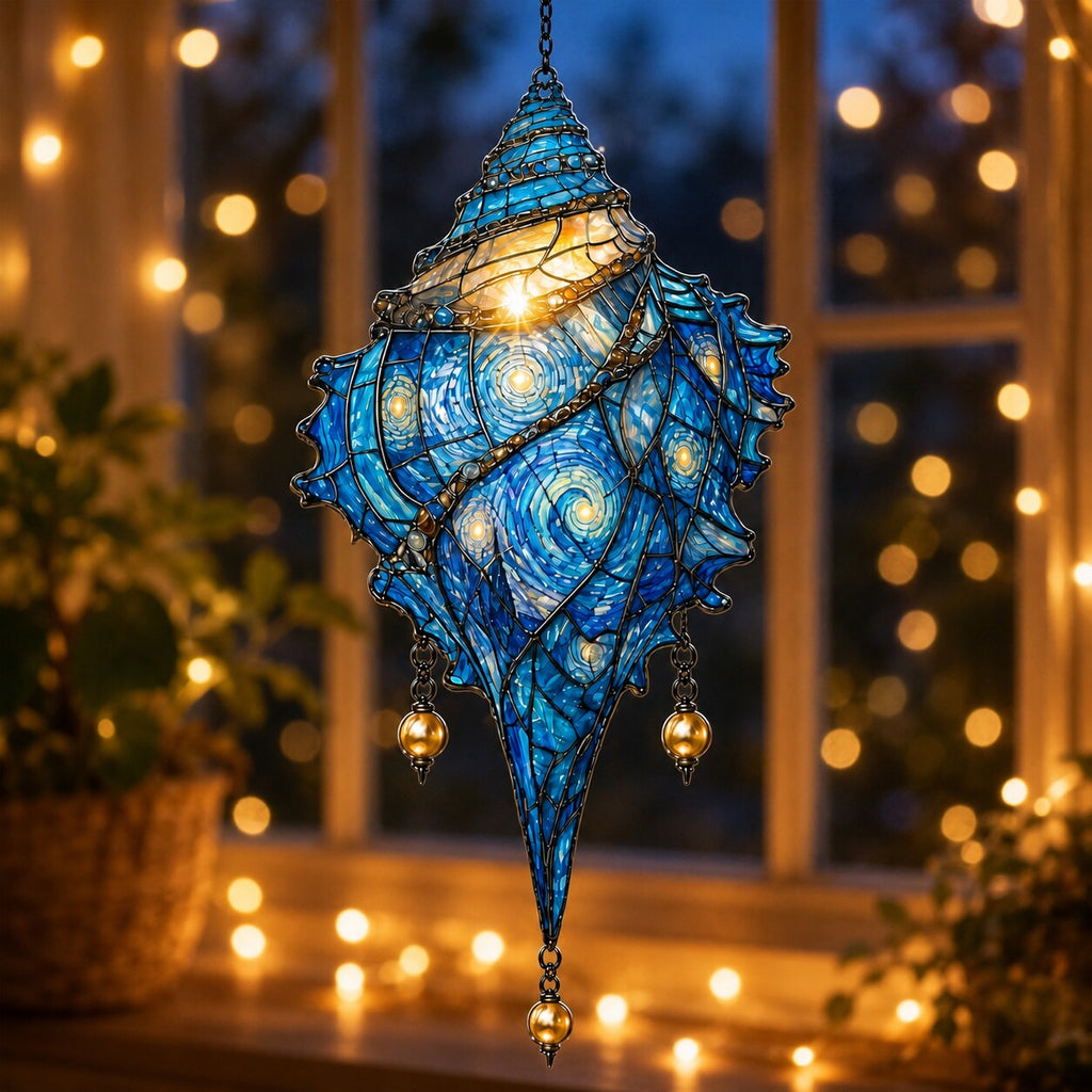 Starry Night Conch Shell with Pearl Drops Holographic Acrylic Suncatcher