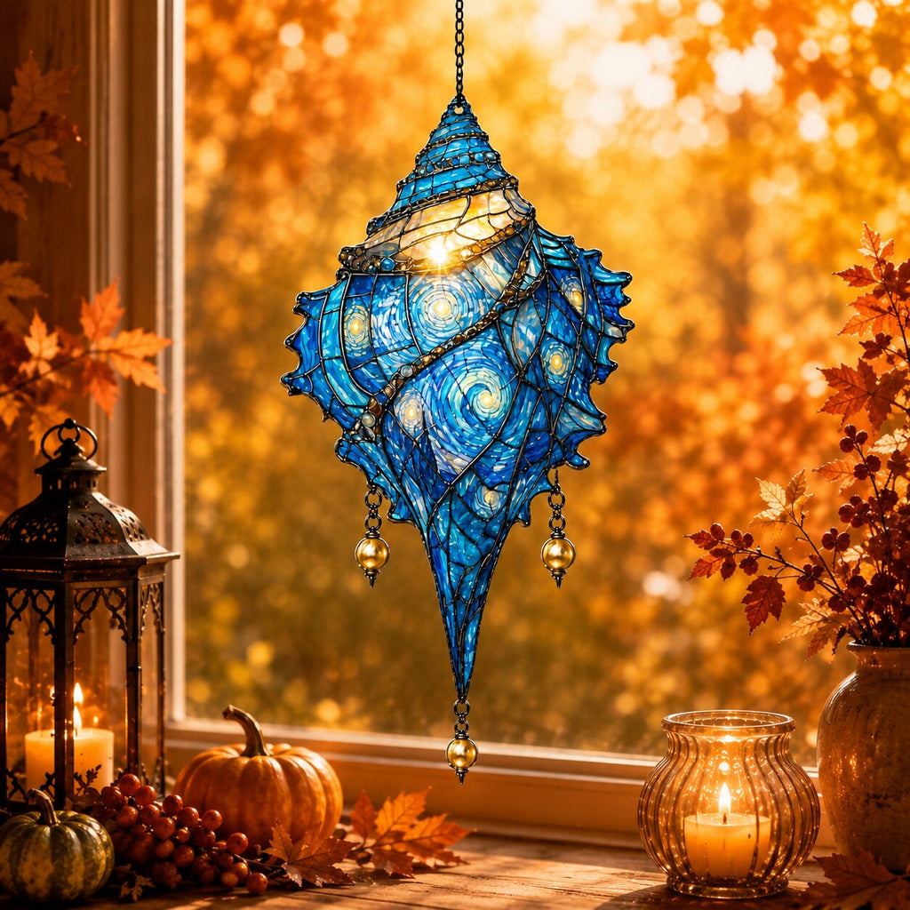 Starry Night Conch Shell with Pearl Drops Holographic Acrylic Suncatcher