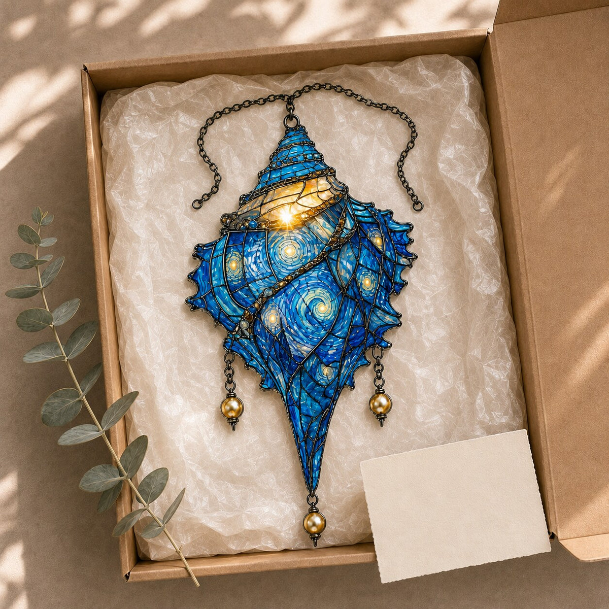 Starry Night Conch Shell suncatcher packaged in a gift box