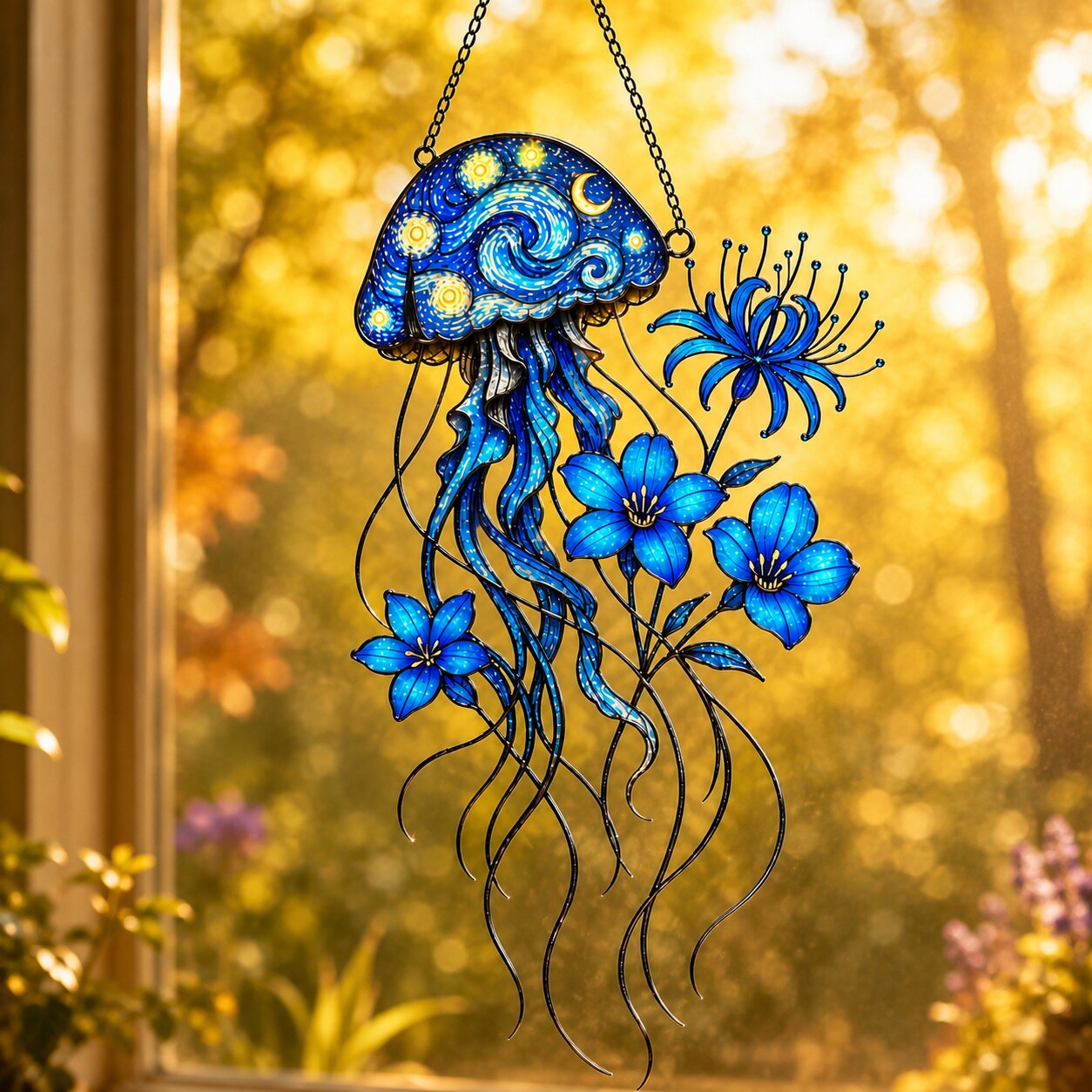 Starry Night Jellyfish with Blue Flowers Holographic Acrylic Suncatcher
