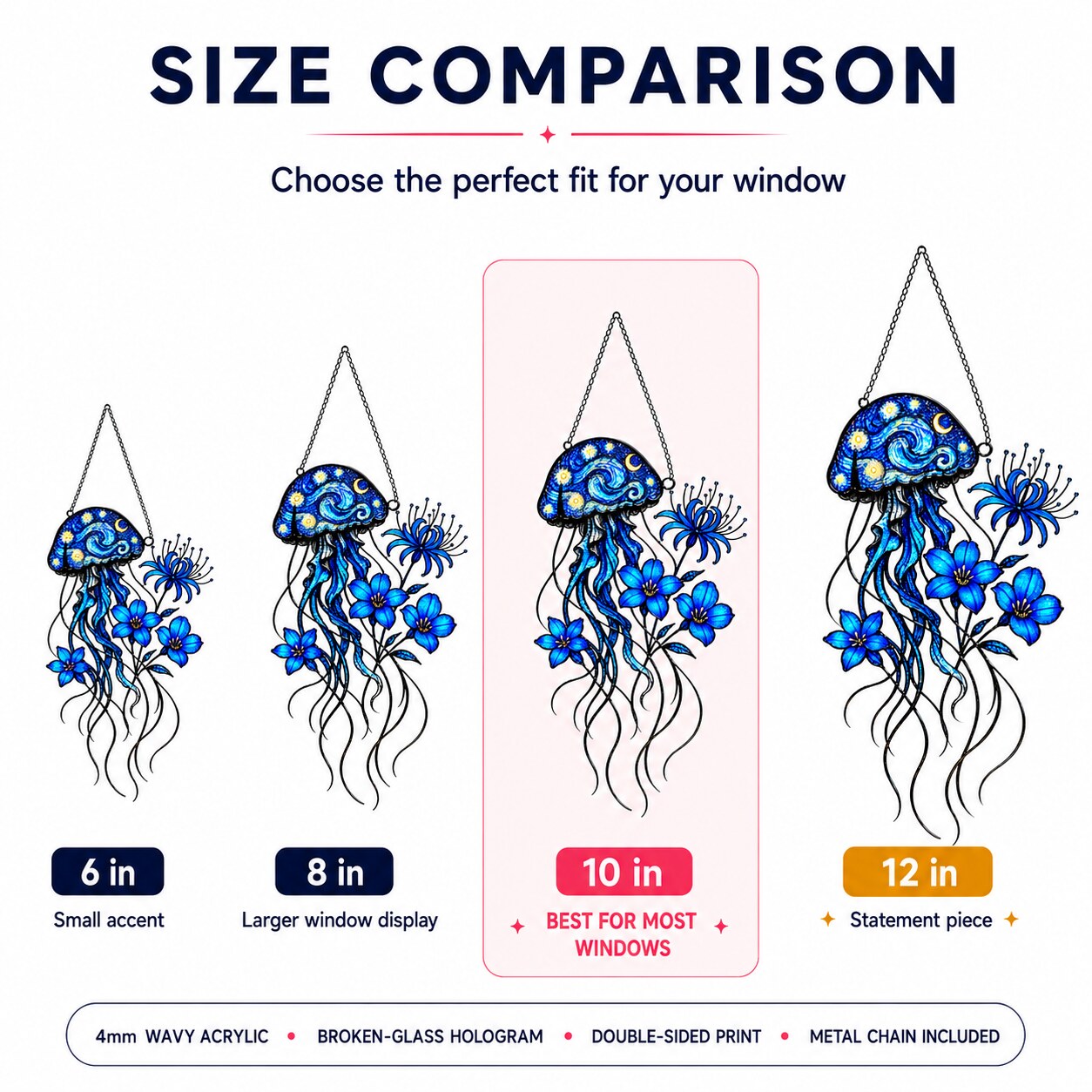 Starry Night Jellyfish suncatcher size comparison 6 in 8 in 10 in 12 in