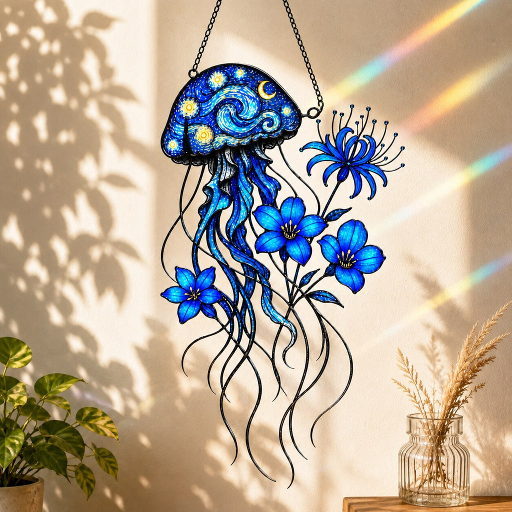 Starry Night Jellyfish with Blue Flowers Holographic Acrylic Suncatcher