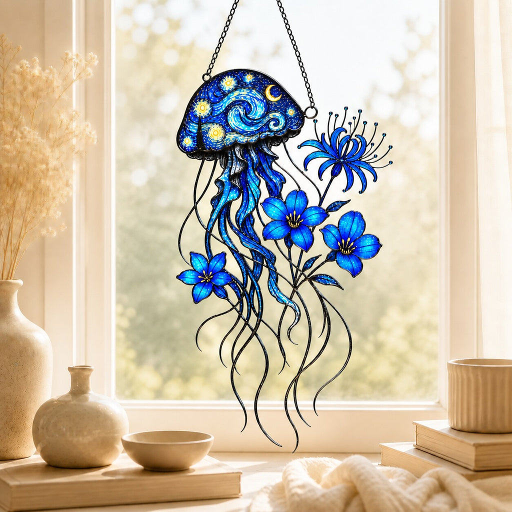 Starry Night Jellyfish with Blue Flowers Holographic Acrylic Suncatcher