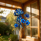 Starry Night Jellyfish with Blue Flowers Holographic Acrylic Suncatcher