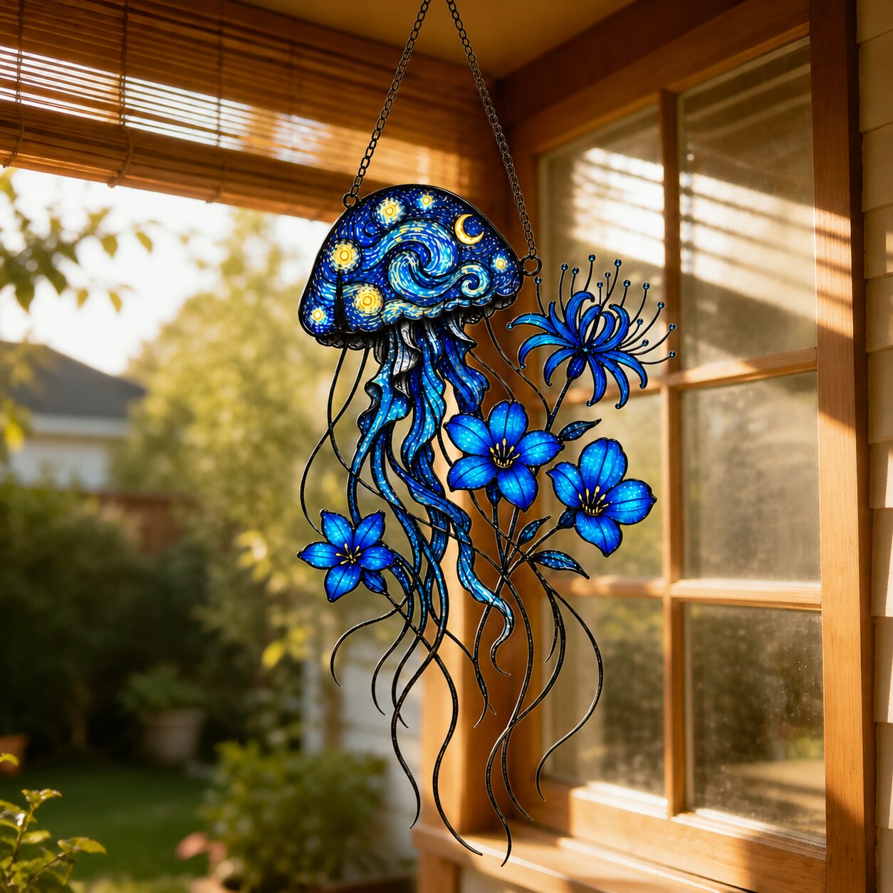 Starry Night Jellyfish with Blue Flowers Holographic Acrylic Suncatcher