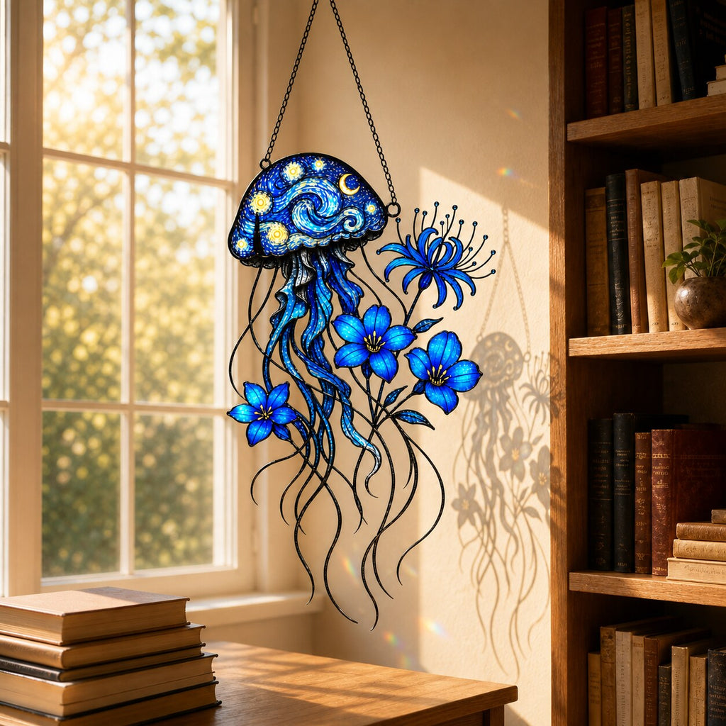 Starry Night Jellyfish with Blue Flowers Holographic Acrylic Suncatcher