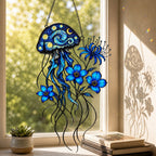 Starry Night Jellyfish with Blue Flowers Holographic Acrylic Suncatcher
