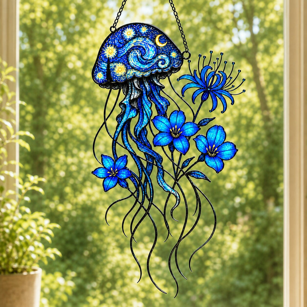 Starry Night Jellyfish with Blue Flowers Holographic Acrylic Suncatcher