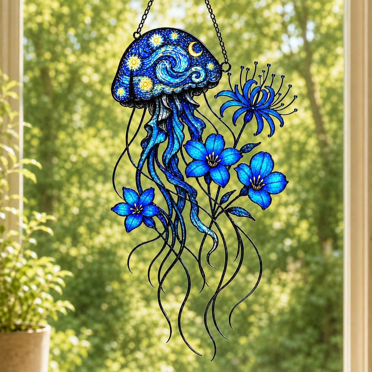 Starry Night Jellyfish with Blue Flowers Holographic Acrylic Suncatcher
