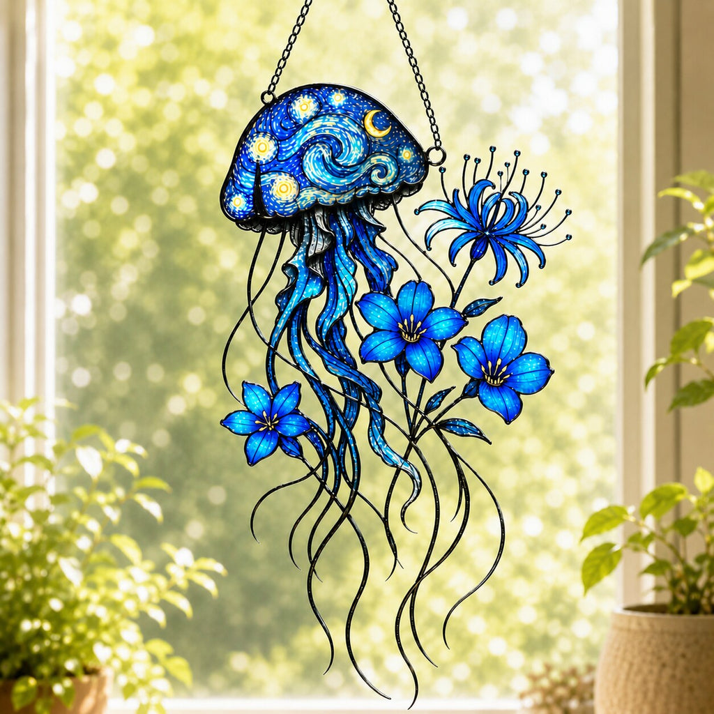 Starry Night Jellyfish with Blue Flowers Holographic Acrylic Suncatcher