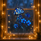 Starry Night Jellyfish with Blue Flowers Holographic Acrylic Suncatcher