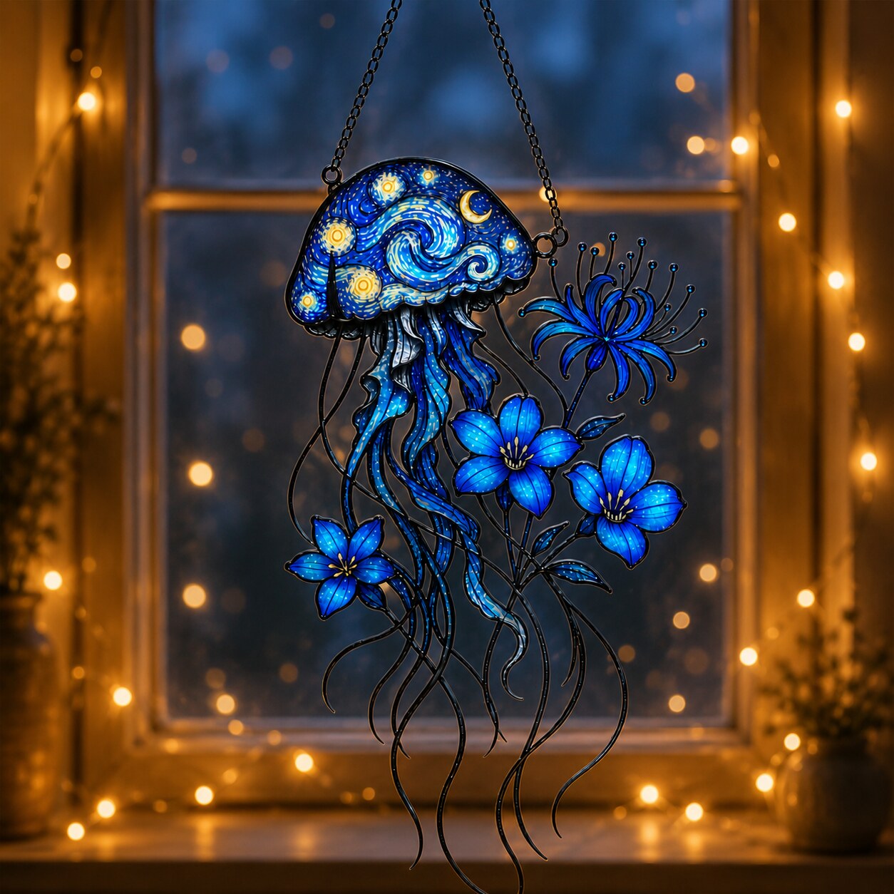Starry Night Jellyfish with Blue Flowers Holographic Acrylic Suncatcher