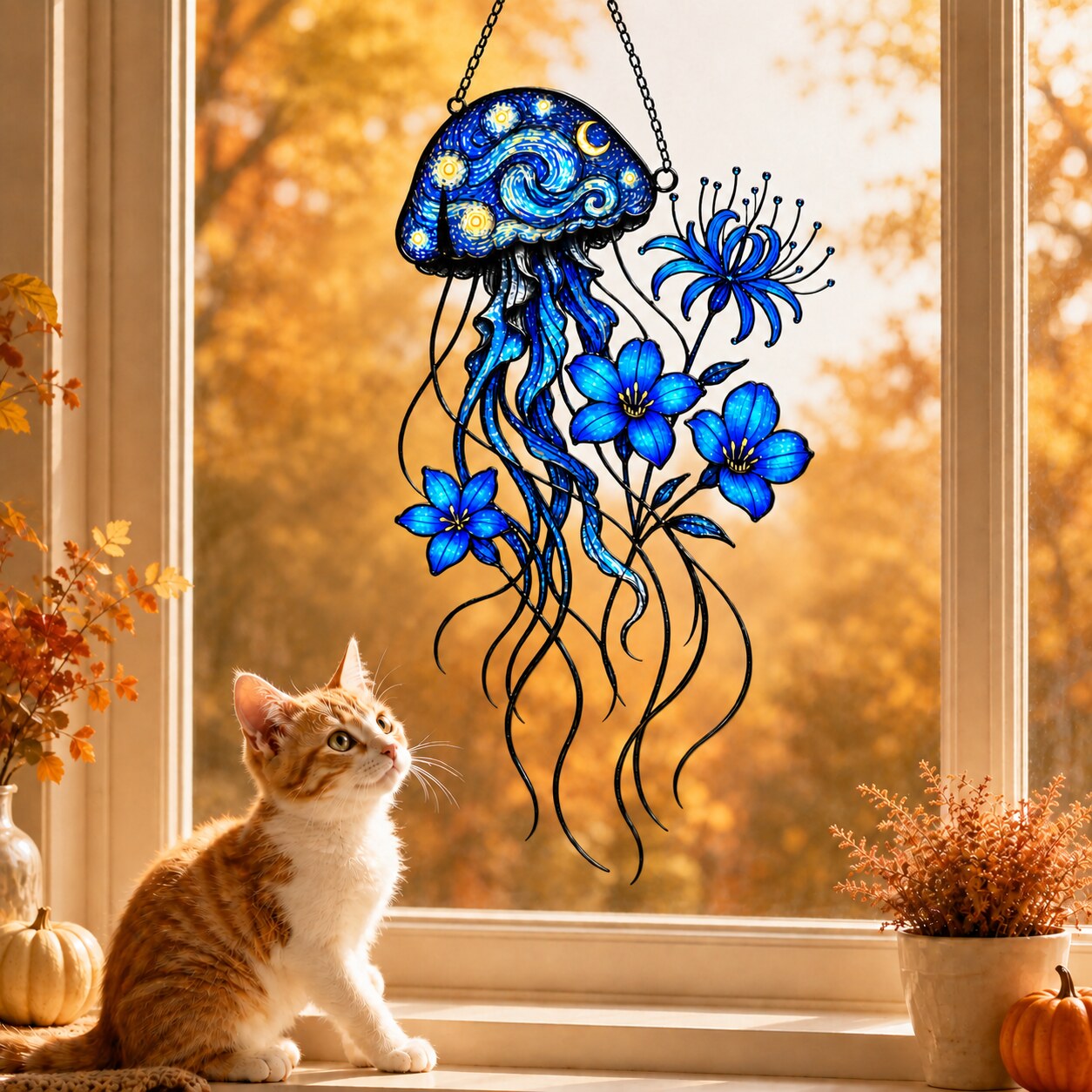 Starry Night Jellyfish with Blue Flowers Holographic Acrylic Suncatcher