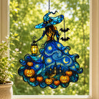 Starry Night Witch with Lantern and Pumpkins Holographic Acrylic Suncatcher