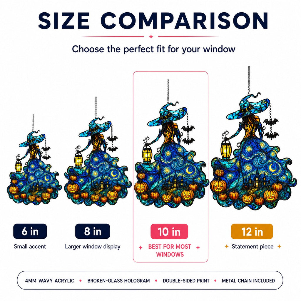 Starry Night Witch suncatcher size comparison 6 in 8 in 10 in 12 in