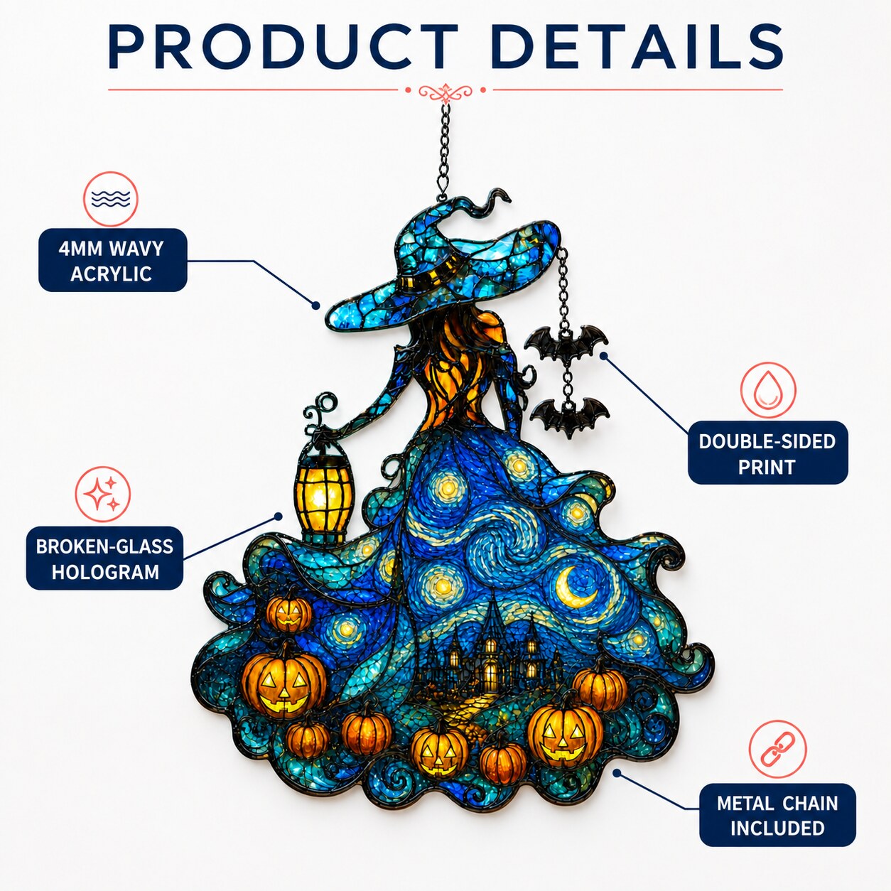 Starry Night Witch suncatcher product details – 4mm wavy acrylic, double-sided print, metal chain