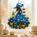 Starry Night Witch with Lantern and Pumpkins Holographic Acrylic Suncatcher