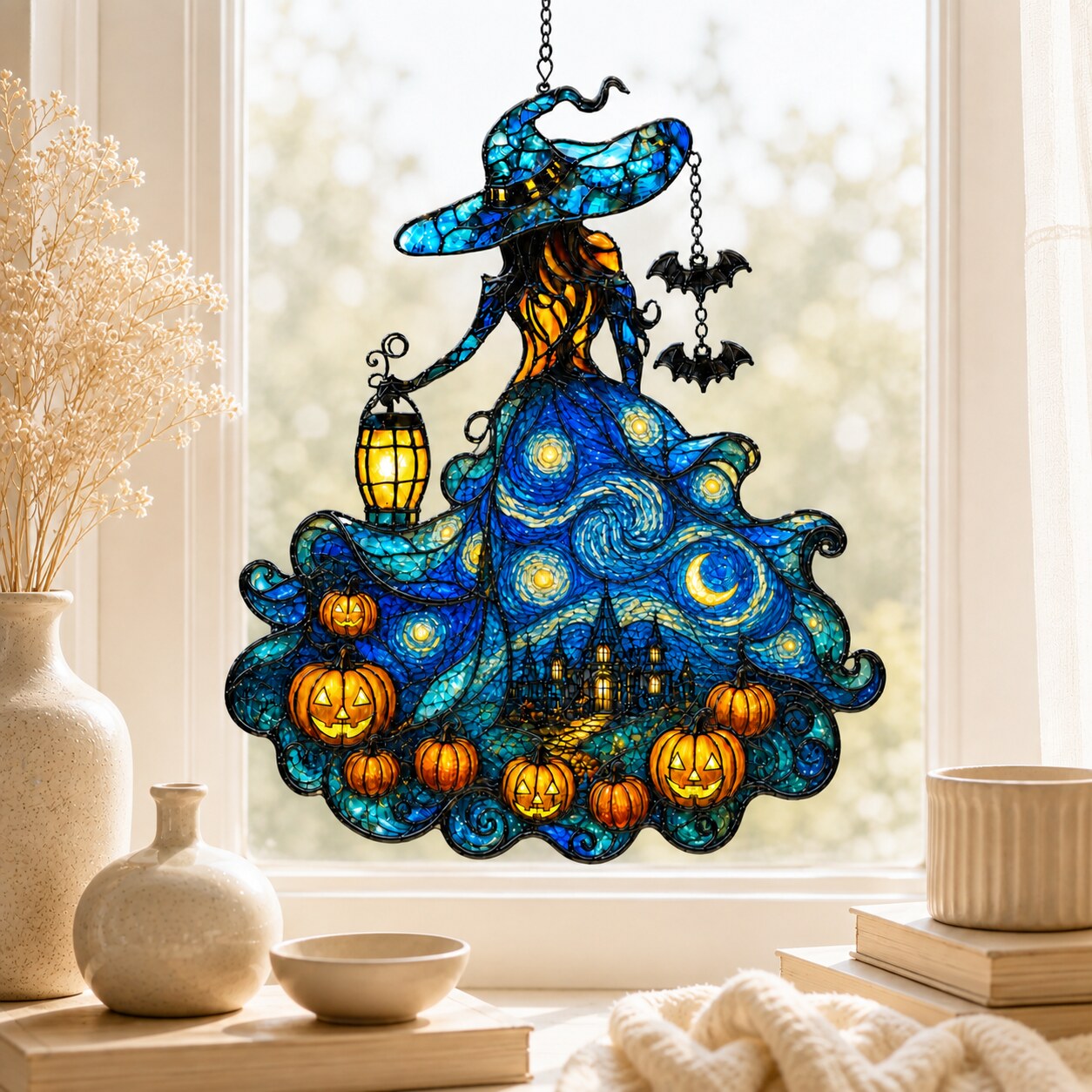 Starry Night Witch with Lantern and Pumpkins Holographic Acrylic Suncatcher
