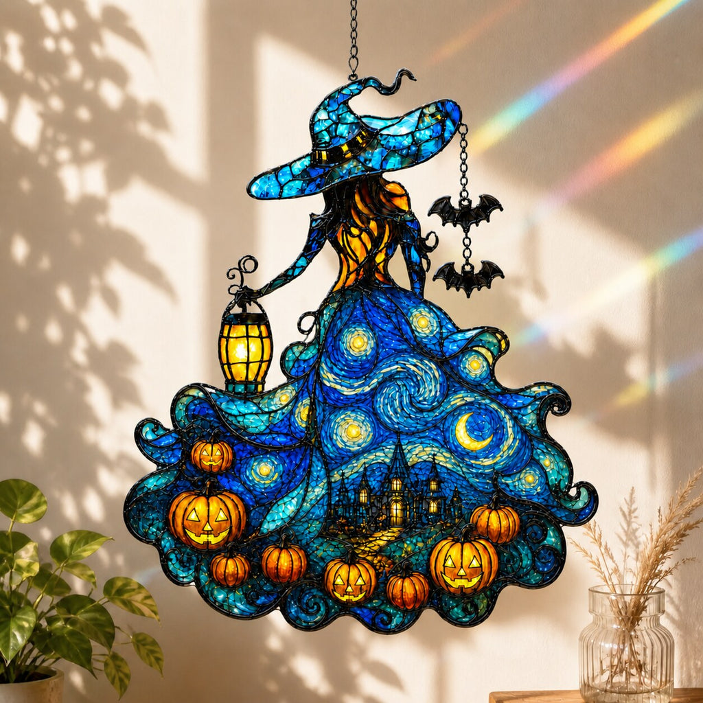 Starry Night Witch with Lantern and Pumpkins Holographic Acrylic Suncatcher