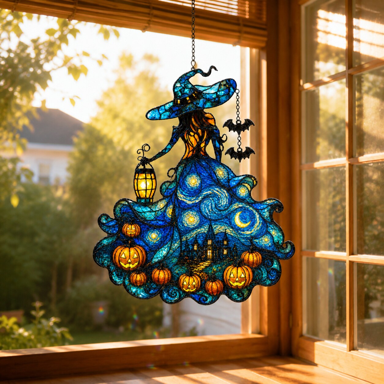 Starry Night Witch with Lantern and Pumpkins Holographic Acrylic Suncatcher