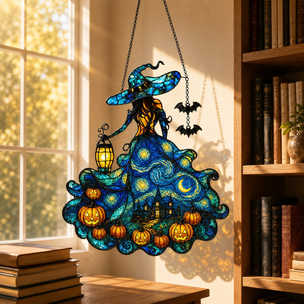 Starry Night Witch with Lantern and Pumpkins Holographic Acrylic Suncatcher