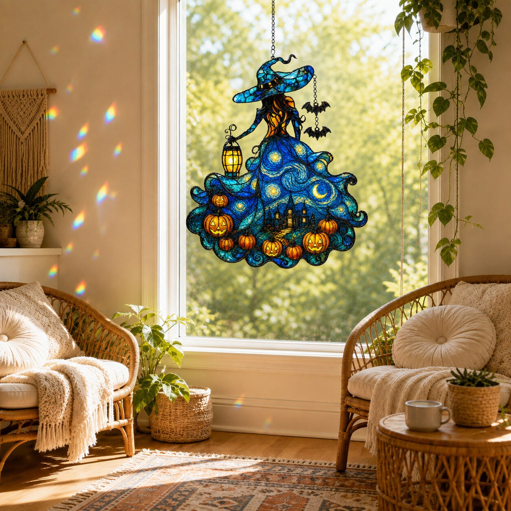 Starry Night Witch with Lantern and Pumpkins Holographic Acrylic Suncatcher