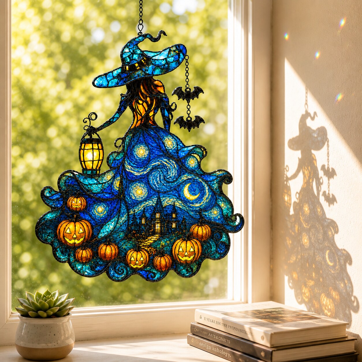 Starry Night Witch with Lantern and Pumpkins Holographic Acrylic Suncatcher