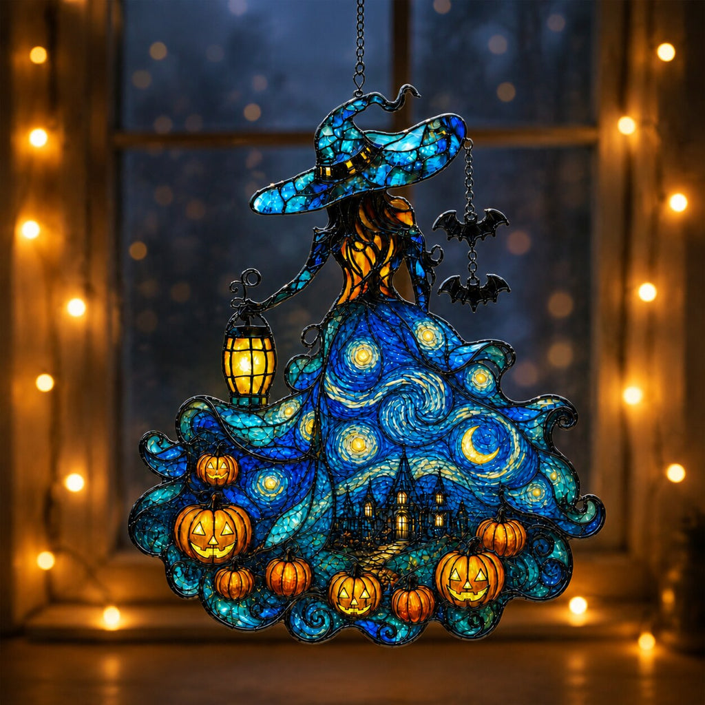 Starry Night Witch with Lantern and Pumpkins Holographic Acrylic Suncatcher