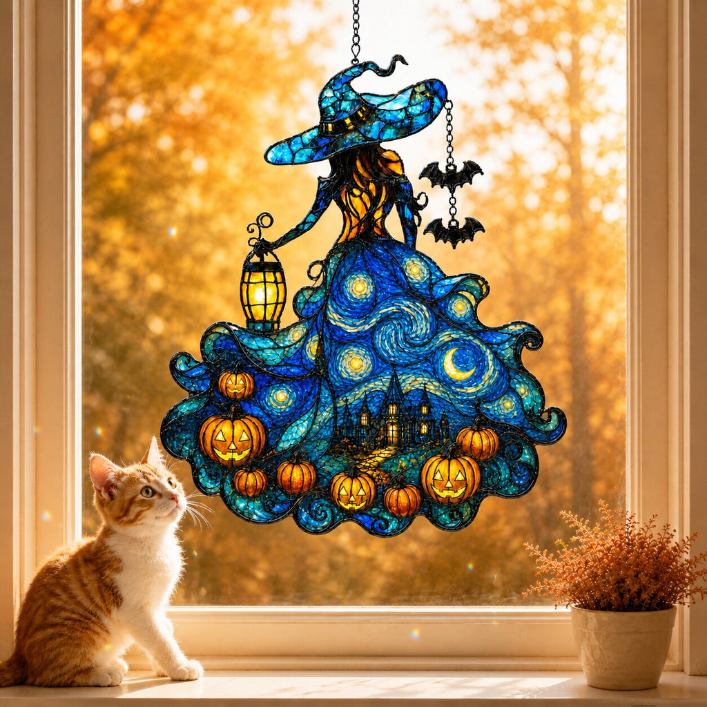 Starry Night Witch with Lantern and Pumpkins Holographic Acrylic Suncatcher