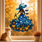 Starry Night Witch with Lantern and Pumpkins Holographic Acrylic Suncatcher