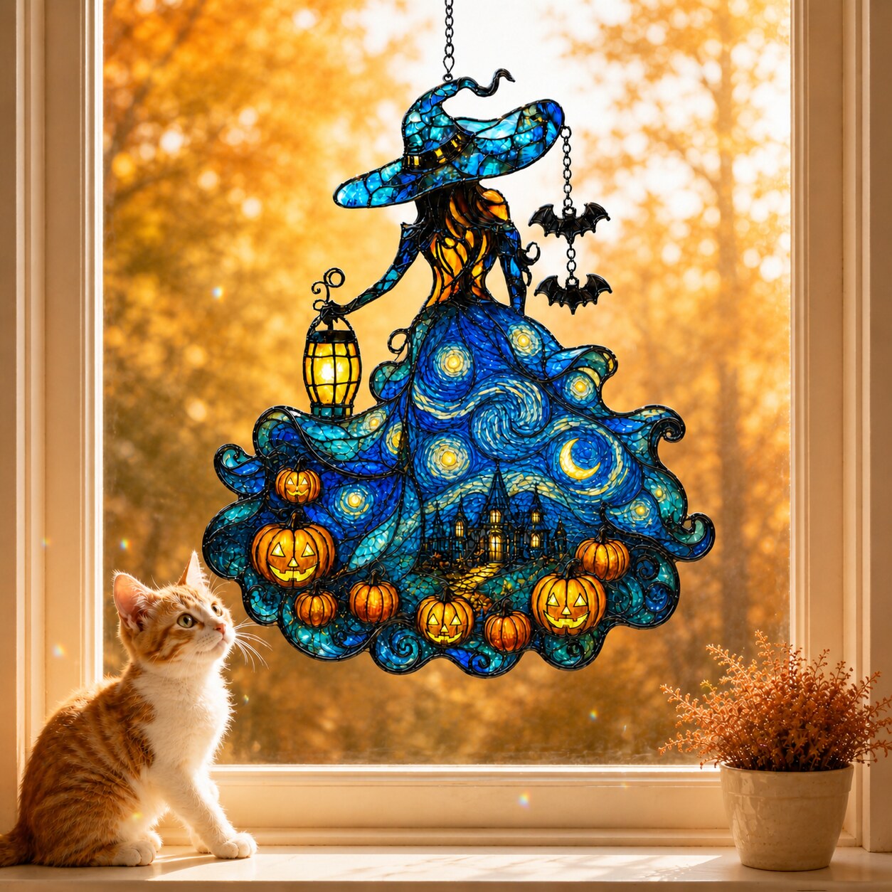 Starry Night Witch with Lantern and Pumpkins Holographic Acrylic Suncatcher