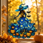 Starry Night Witch with Lantern and Pumpkins Holographic Acrylic Suncatcher