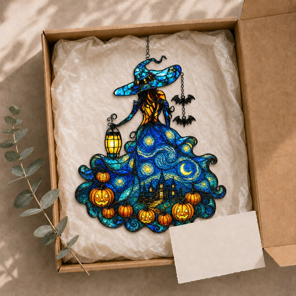 Starry Night Witch suncatcher packaged in a gift box