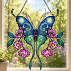 Starry Night Butterfly with Pink Lotus Blooms Holographic Acrylic Suncatcher