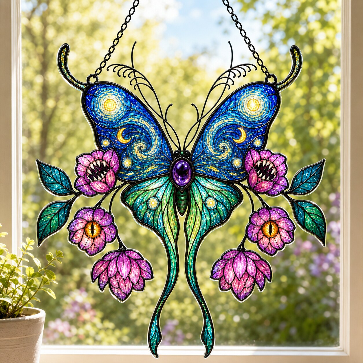 Starry Night Butterfly with Pink Lotus Blooms Holographic Acrylic Suncatcher