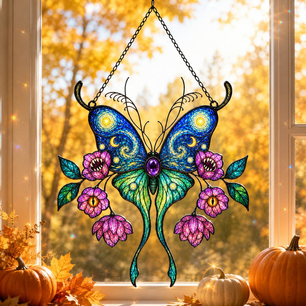 Starry Night Butterfly with Pink Lotus Blooms Holographic Acrylic Suncatcher