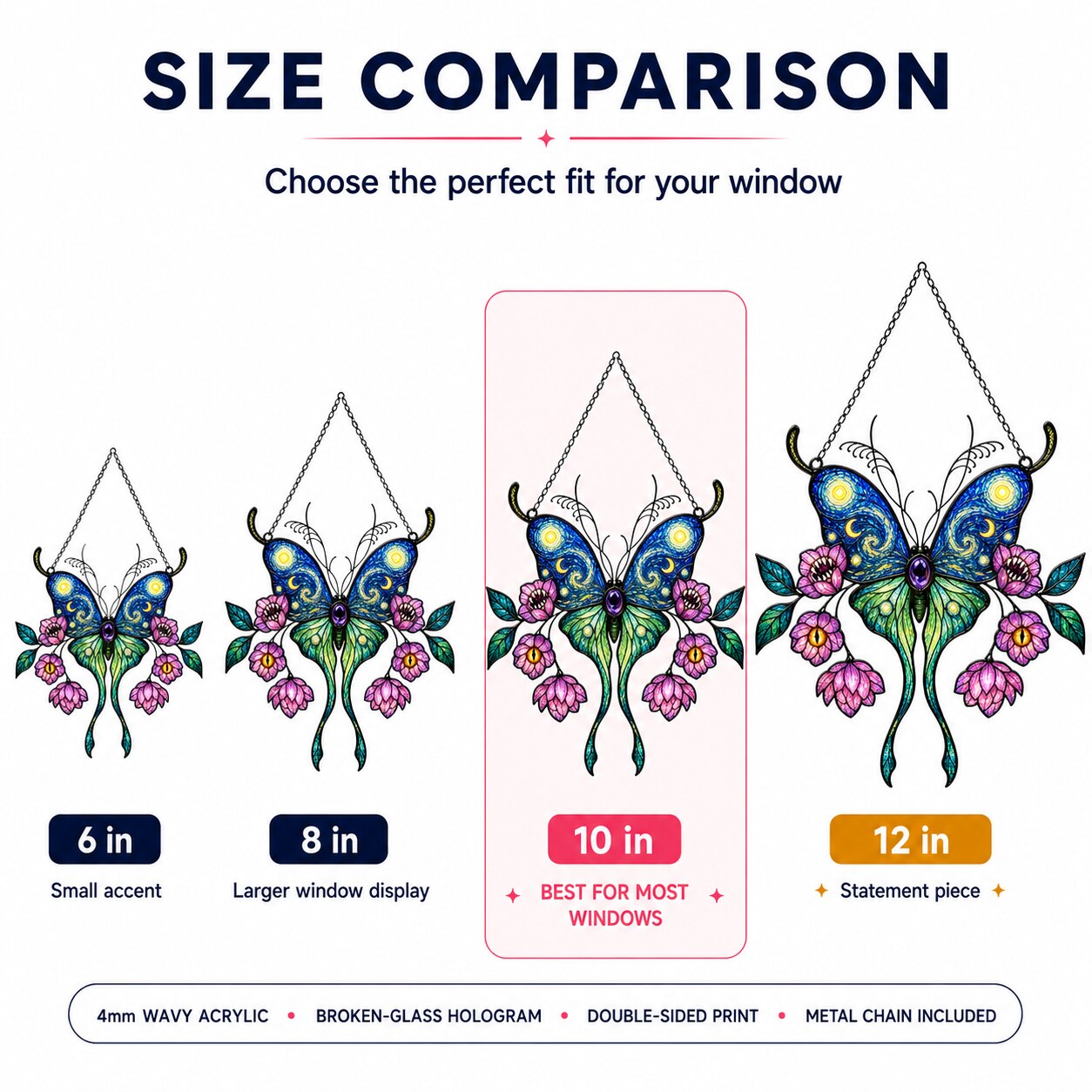 Starry Night Butterfly suncatcher size comparison 6 in 8 in 10 in 12 in