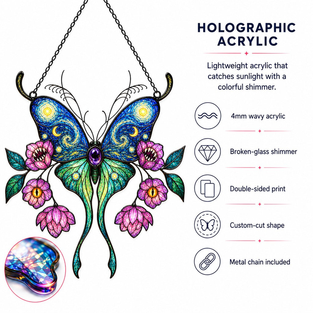 Holographic acrylic suncatcher features – 4mm wavy acrylic, broken-glass shimmer, double-sided print, metal chain