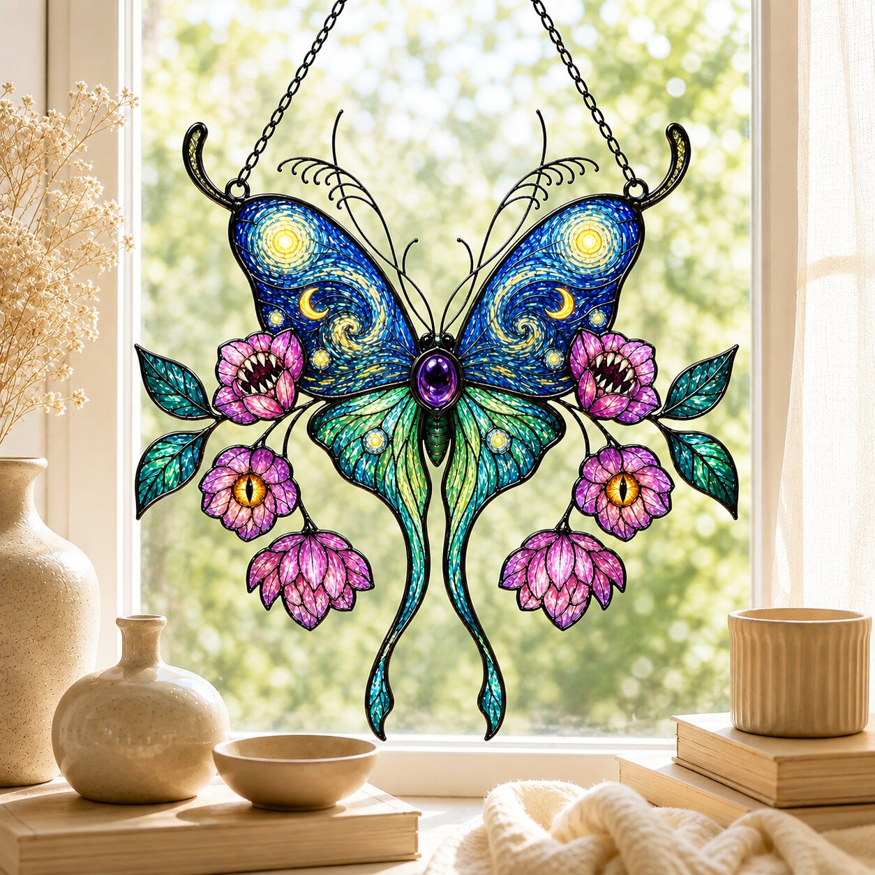 Starry Night Butterfly with Pink Lotus Blooms Holographic Acrylic Suncatcher