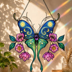 Starry Night Butterfly with Pink Lotus Blooms Holographic Acrylic Suncatcher