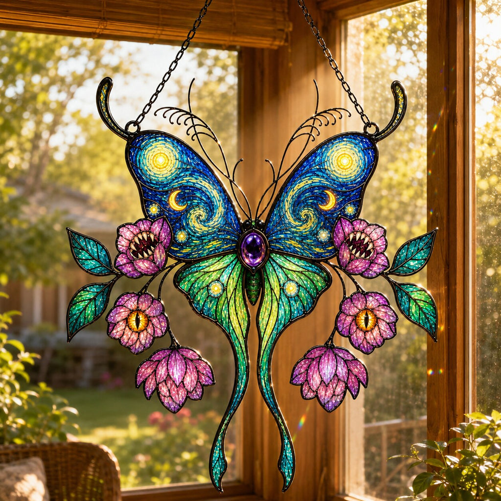 Starry Night Butterfly with Pink Lotus Blooms Holographic Acrylic Suncatcher